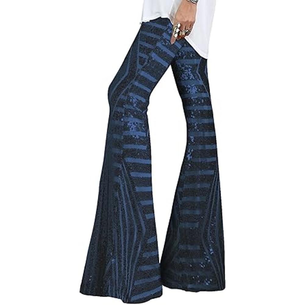 EVALESS Women Shiny Sequin Bell Bottom High Waisted Wide Leg